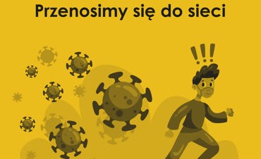 Grafika informacyjna na temat odwołania zajęć i wydarzeń artystycznych w związku z epidemią COVID-19